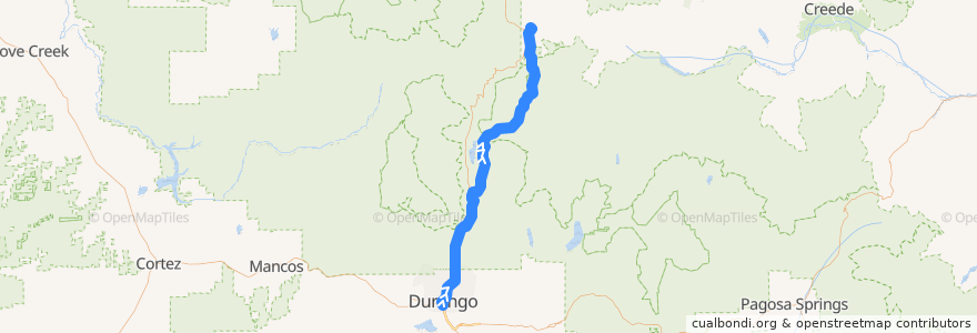 Mapa del recorrido Durango & Silverton Historic Train Route de la línea  en Colorado.