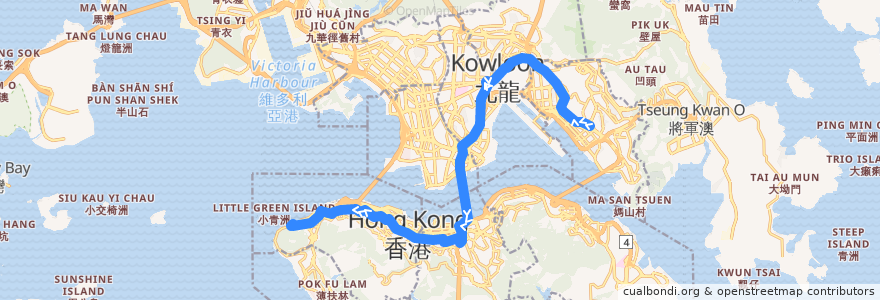 Mapa del recorrido Cross-harbour Bus 101 (Kwun Tong (Yue Man Square) → Kennedy Town) de la línea  en Hong Kong.