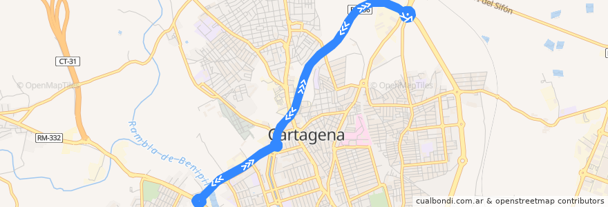 Mapa del recorrido Ronda Transversal de la línea  en Cartagena.