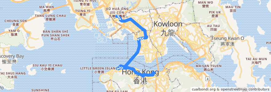 Mapa del recorrido 過海隧巴905線 Cross-harbour Bus 905 (荔枝角 Lai Chi Kok → 灣仔北 Wan Chai North) de la línea  en Hong Kong.