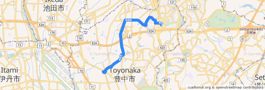 Mapa del recorrido 47: 千里中央→豊中 de la línea  en Toyonaka.