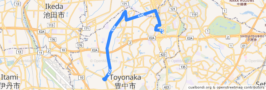 Mapa del recorrido 46: 千里中央→豊中 de la línea  en Toyonaka.