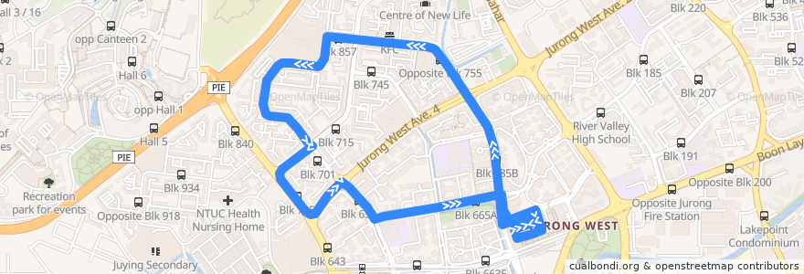 Mapa del recorrido Svc 243G (Boon Lay Interchange => Boon Lay Interchange) de la línea  en 西南区.