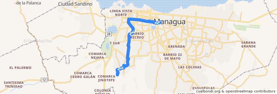 Mapa del recorrido Ruta 107: Mercado Oriental -> Camilo Ortega (Cementerio) de la línea  en Managua.