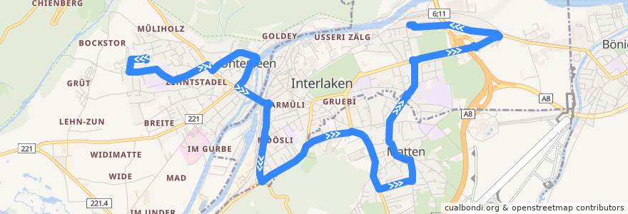 Mapa del recorrido Bus 104: Stadtfeld => Interlaken Ost de la línea  en Verwaltungskreis Interlaken-Oberhasli.