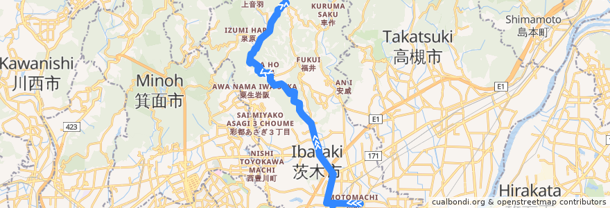 Mapa del recorrido 81: 阪急茨木→忍頂寺 de la línea  en Ibaraki.