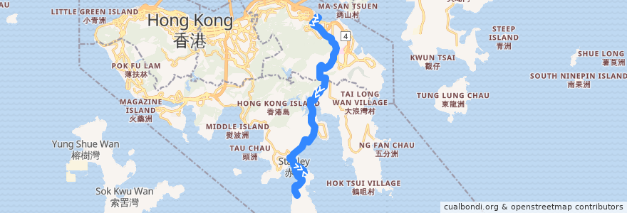 Mapa del recorrido 新巴14線 NWFB 14 (嘉亨灣 Grand Promenade → 赤柱炮台 Stanley Fort (經監獄 via Prison)) de la línea  en Pulau Hong Kong.