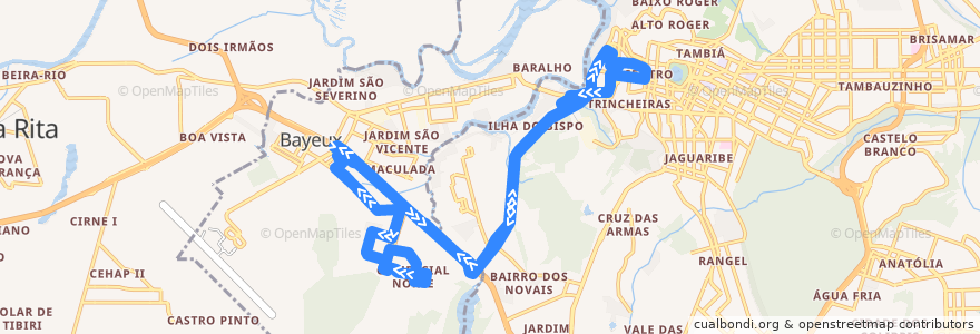 Mapa del recorrido 5503 - Mário Andreazza via Comercial Norte/Acesso Oeste/João Pessoa de la línea  en Região Metropolitana de João Pessoa.