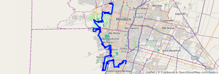 Mapa del recorrido 34 - Vinculación por El Oeste - Bº La Estanzuela de la línea G03 en Mendoza.