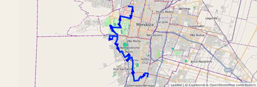 Mapa del recorrido 34 - Vinculación por El Oeste de la línea G03 en 门多萨省.