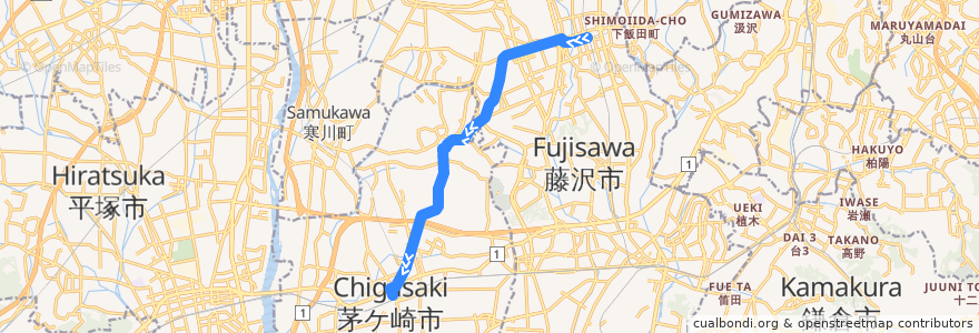 Mapa del recorrido 湘11 湘南台駅西口→甘沼・遠藤→茅ヶ崎駅 de la línea  en Kanagawa Prefecture.