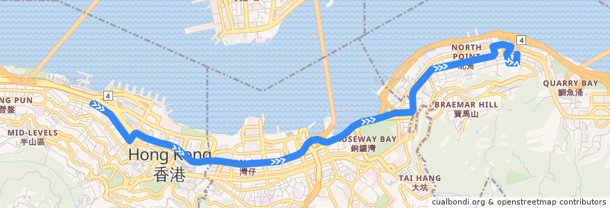 Mapa del recorrido Bus 18 (Sheung Wan - North Point (Healthy Street Central)) de la línea  en Hong Kong.