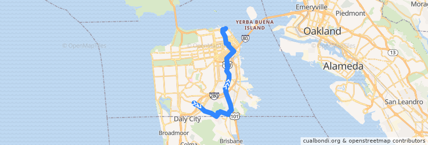 Mapa del recorrido Muni 8 inbound: City College => Fisherman's Wharf de la línea  en سان فرانسيسكو.