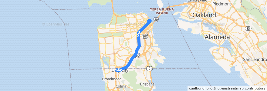 Mapa del recorrido Muni 14R inbound: Daly City => Downtown de la línea  en سان فرانسيسكو.