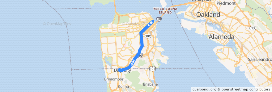 Mapa del recorrido Muni 14R outbound: Downtown => Daly City de la línea  en San Francisco.
