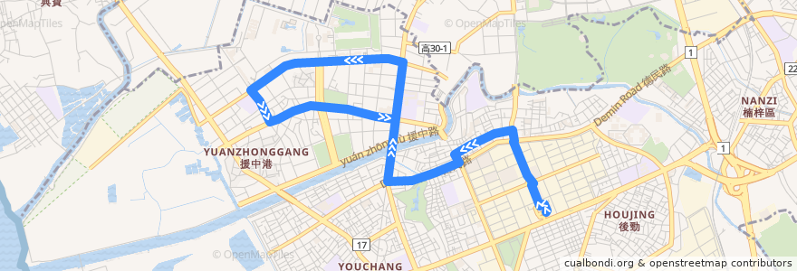 Mapa del recorrido 紅56(正線_往程) de la línea  en 난쯔구.