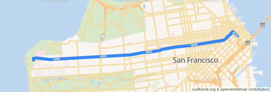 Mapa del recorrido Muni 38R outbound: Salesforce Transit Center => The Richmond de la línea  en San Francisco.