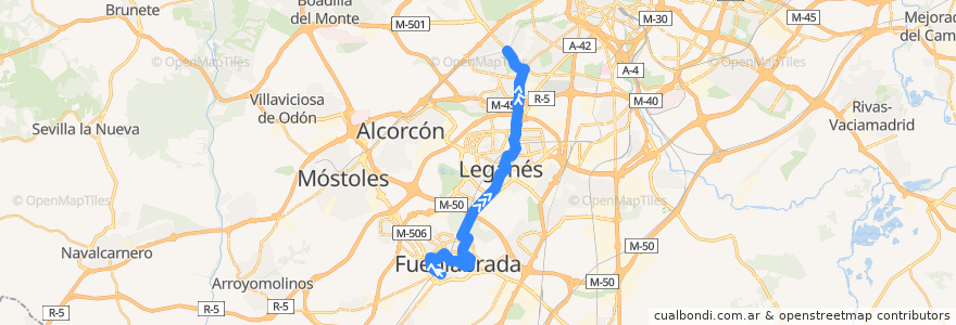 Mapa del recorrido Bus 492: Fuenlabrada (Parque Granada) - Madrid (Aluche) de la línea  en Comunidad de Madrid.