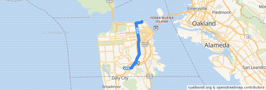 Mapa del recorrido Muni 49 inbound: City College => Fisherman's Wharf de la línea  en San Francisco.