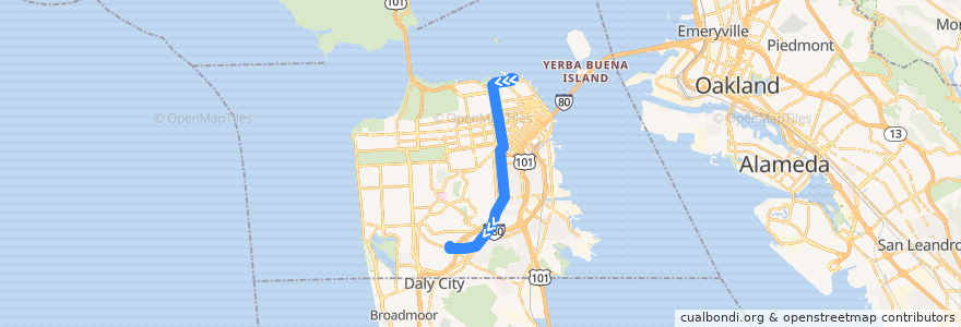 Mapa del recorrido Muni 49 outbound: Fisherman's Wharf => City College de la línea  en سان فرانسیسکو.