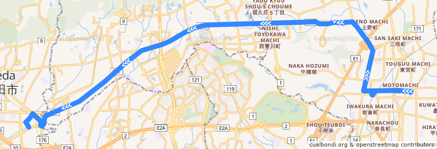 Mapa del recorrido 92: 阪急茨木～阪急石橋 de la línea  en Osaka Prefecture.