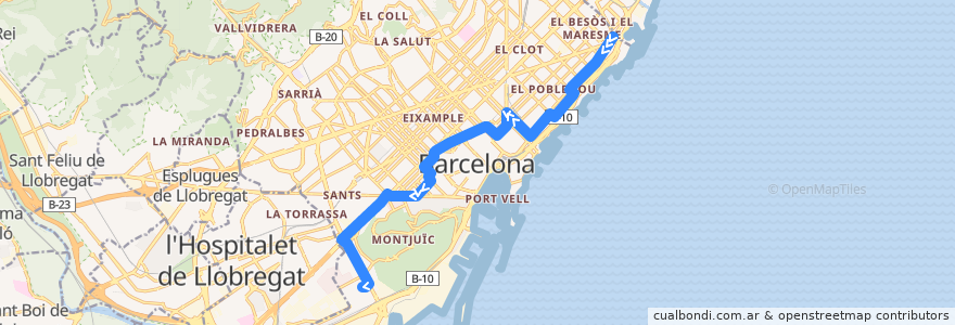 Mapa del recorrido H16: Fórum => Pg. Zona Franca de la línea  en 바르셀로나.