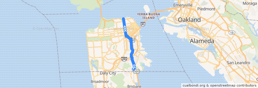 Mapa del recorrido Muni 90-Owl inbound: Visitacion Valley => Fort Mason (late nights) de la línea  en 샌프란시스코.