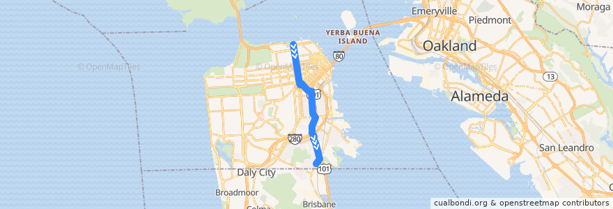 Mapa del recorrido Muni 90-Owl outbound: Fort Mason => Visitacion Valley (late nights) de la línea  en San Francisco.