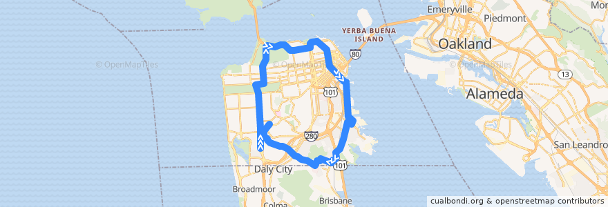 Mapa del recorrido Muni 91-Owl outbound: SFSU => West Portal (late nights) de la línea  en San Francisco.