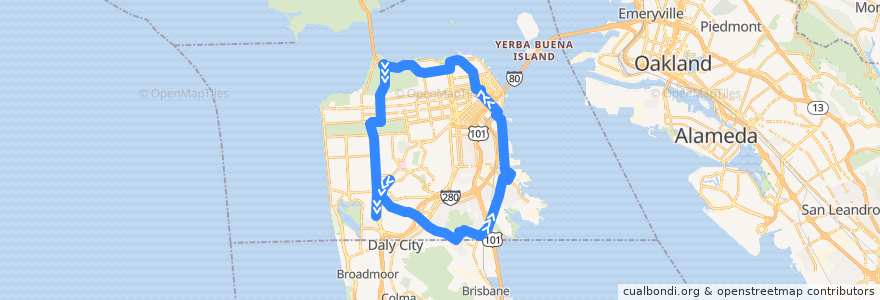 Mapa del recorrido Muni 91-Owl inbound: West Portal => SFSU (late nights) de la línea  en سان فرانسیسکو.