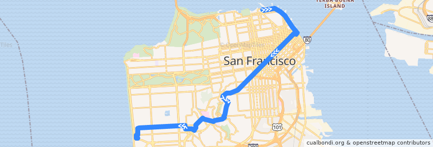 Mapa del recorrido Muni L-Owl outbound: Fisherman's Wharf => SF Zoo (late nights) de la línea  en San Francisco.