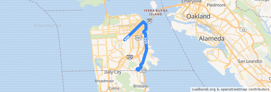 Mapa del recorrido Muni T-Bus inbound: Castro => Sunnydale (weekend early mornings) de la línea  en سان فرانسیسکو.