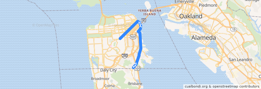 Mapa del recorrido Muni T-Bus outbound: Sunnydale => Castro (weekend early mornings) de la línea  en سان فرانسیسکو.