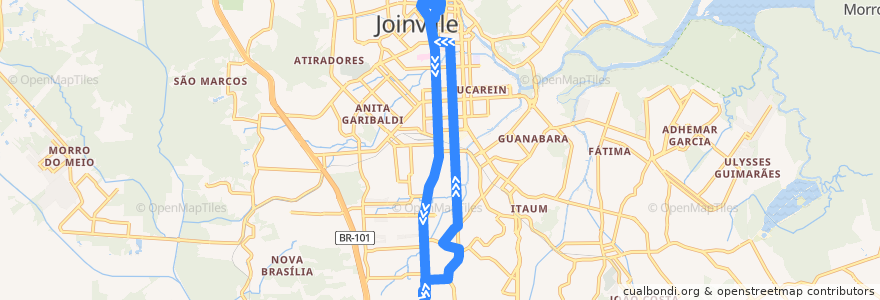 Mapa del recorrido Sul/Centro de la línea  en Joinville.