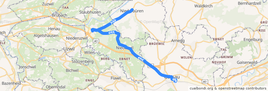 Mapa del recorrido Bus 727: Gossau SG, Bahnhof => Niederbüren, Dorf de la línea  en ザンクト・ガレン州.