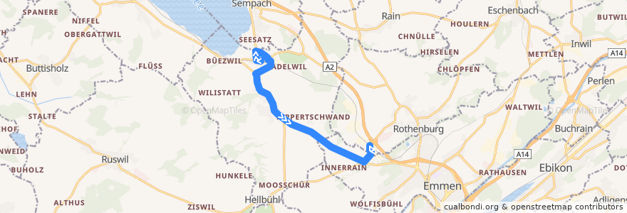 Mapa del recorrido Bus 70: Sempach Station => Rothenburg, Bahnhof de la línea  en Lucerne.