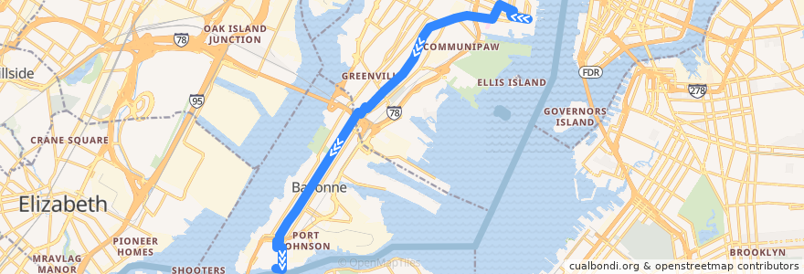 Mapa del recorrido NJTB - 81 - Jersey City to Bayonne de la línea  en Hudson County.