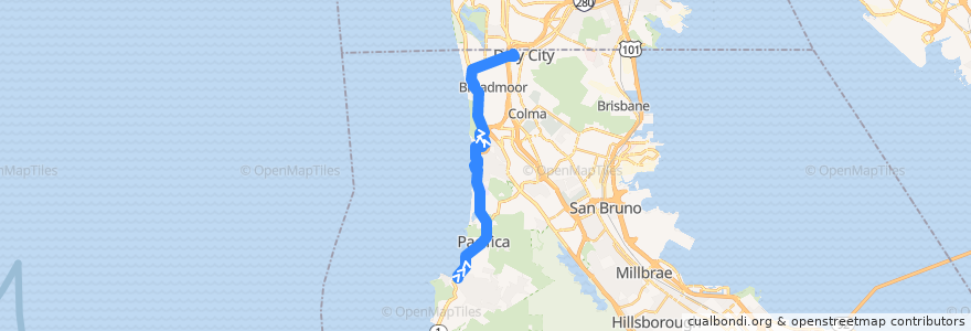 Mapa del recorrido SamTrans 110: Linda Mar => Daly City BART de la línea  en San Mateo County.