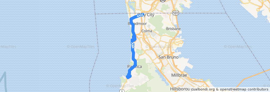 Mapa del recorrido SamTrans 110: Daly City BART => Linda Mar de la línea  en San Mateo County.