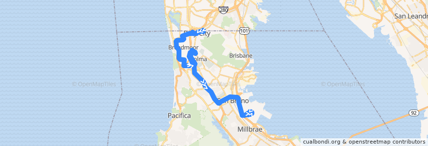 Mapa del recorrido SamTrans 120: Brunswick & Templeton => Colma BART => SFO Airport (early mornings) de la línea  en San Mateo County.