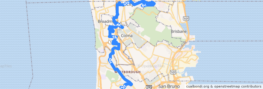 Mapa del recorrido SamTrans 121: Skyline College => Oakridge & South Hill => Pope & Bellevue (evenings) de la línea  en 圣马刁县.