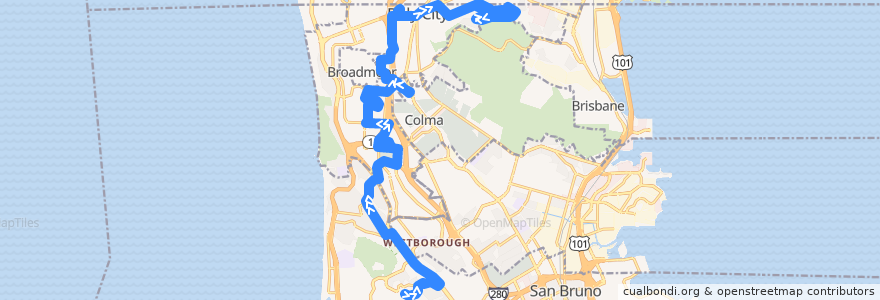 Mapa del recorrido SamTrans 121: Skyline College => Oakridge & South Hill => Pope & Bellevue (evenings) de la línea  en San Mateo County.