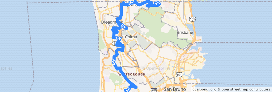 Mapa del recorrido SamTrans 121: Oakridge & South Hill => Pope & Bellevue => Skyline College (mornings) de la línea  en San Mateo County.