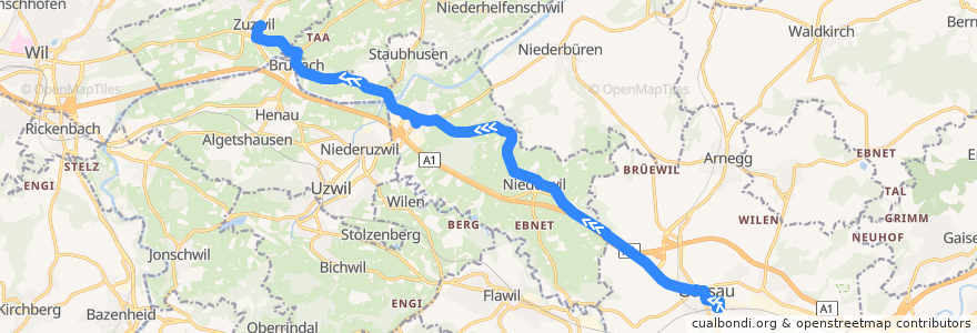 Mapa del recorrido Bus 727: Gossau SG, Bahnhof => Zuzwil SG, Industrie de la línea  en Saint-Gall.