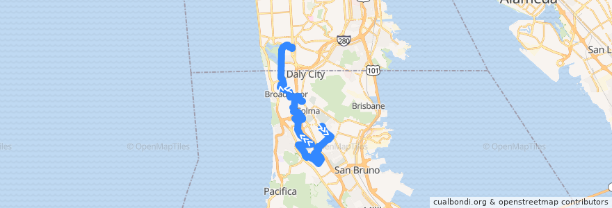 Mapa del recorrido SamTrans 122: South San Francisco BART => Stonestown de la línea  en San Mateo County.