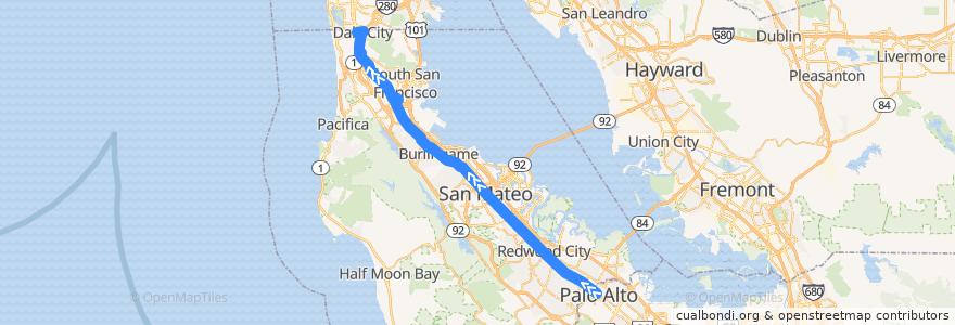 Mapa del recorrido SamTrans ECR: Palo Alto Transit Center => Daly City BART de la línea  en San Mateo County.