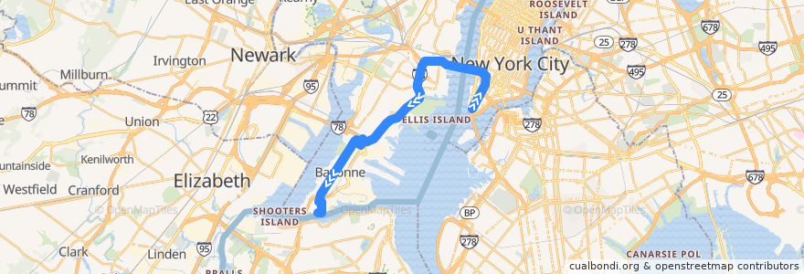 Mapa del recorrido NJTB - 120 - Downtown New York to Bayonne de la línea  en New Jersey.
