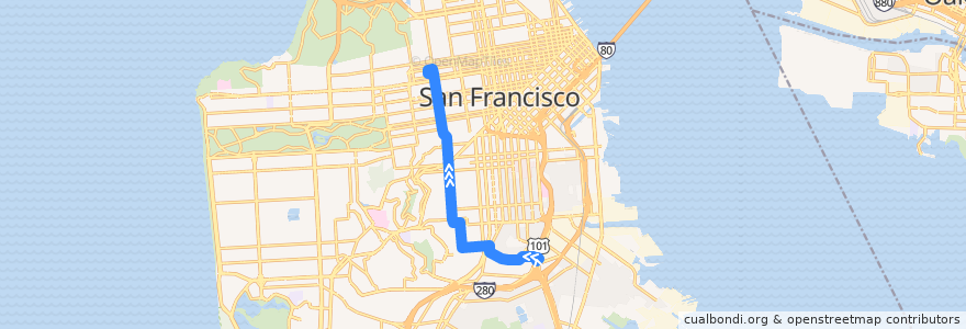 Mapa del recorrido Muni 24-Owl inbound: Bayshore Boulevard => Pacific Heights (late nights) de la línea  en سان فرانسیسکو.