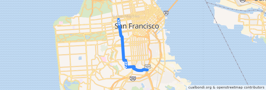 Mapa del recorrido Muni 24-Owl outbound: Pacific Heights => Bayshore Boulevard (late nights) de la línea  en 샌프란시스코.