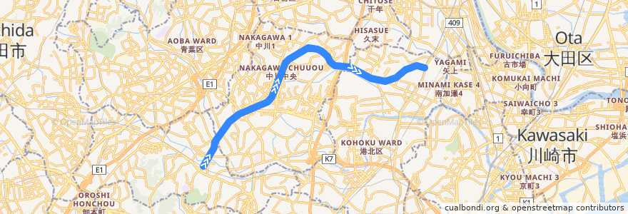 Mapa del recorrido グリーンライン de la línea  en 横浜市.